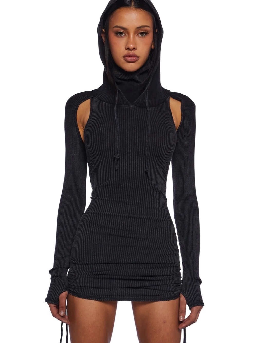 Black Ribbed Hooded Cutout Sweater Dress